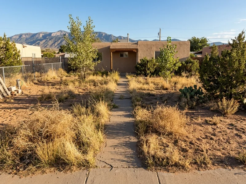 A wide shot of an unmaintained residential front yard in New Mexico before landscaping. A cracked concrete walkway leads through a dry, sandy yard overgrown with patches of tall, yellowing weeds, wild desert grass, and scattered prickly pear cactus.