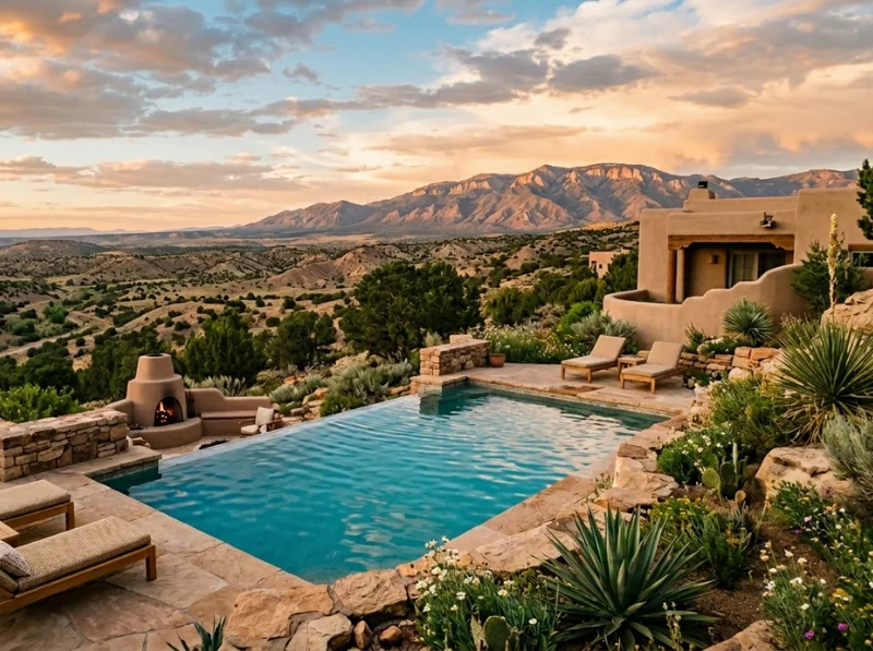 An elevated, wide-angle shot of a luxury Santa Fe-style backyard patio during a warm sunset, overlooking a vast desert valley and distant mountains.