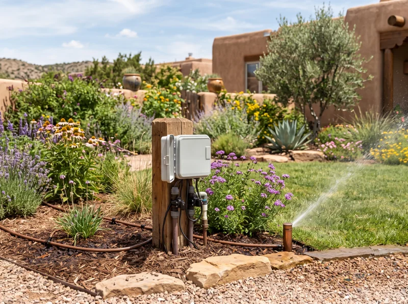 Automated irrigation system control box mounted on a wooden post in a southwestern-style garden with a sprinkler watering the lawn.