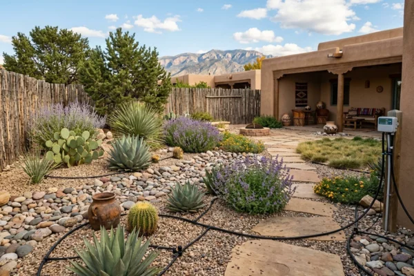 Professionally designed Santa Fe desert landscape featuring native plants, decorative gravel, and drought-tolerant xeriscaping around an adobe-style home. 