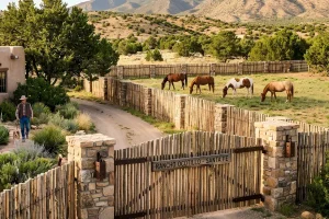 Cedar rail fence surrounding a Santa Fe, NM property with horses and mountain views
