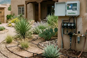 Automatic drip irrigation controller supplying water to drought-tolerant plants in a Santa Fe-style xeriscape garden.