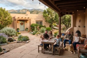 Family enjoying a Santa Fe outdoor living space surrounded by drought-tolerant plants, stone landscaping, and native trees.